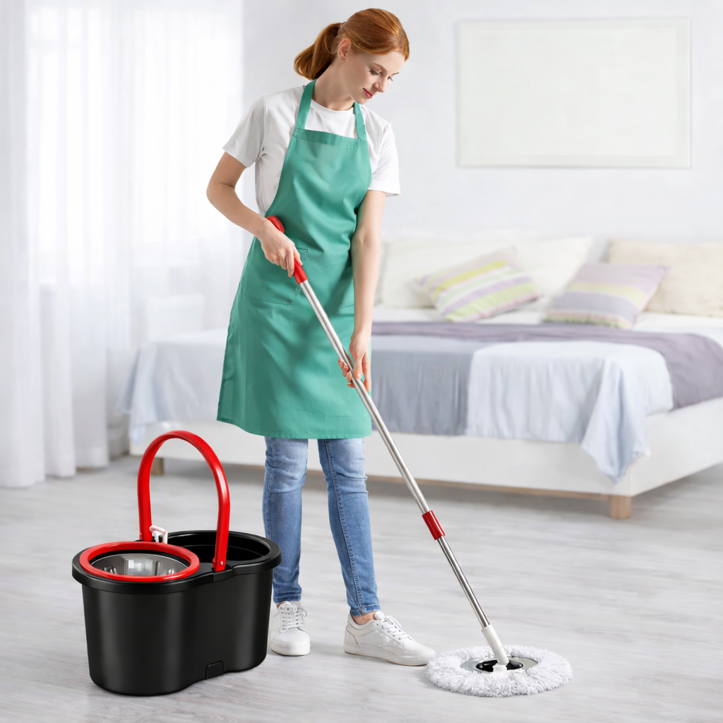 Set Mop Rotativ 360° cu Galeata Dubla, Maner Inox si 5 Rezerve Microfibra