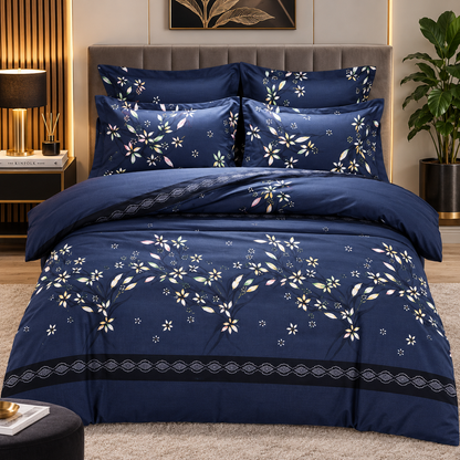Lenjerie de Pat din Finet, 4 Piese, Model Floral, Bleumarin