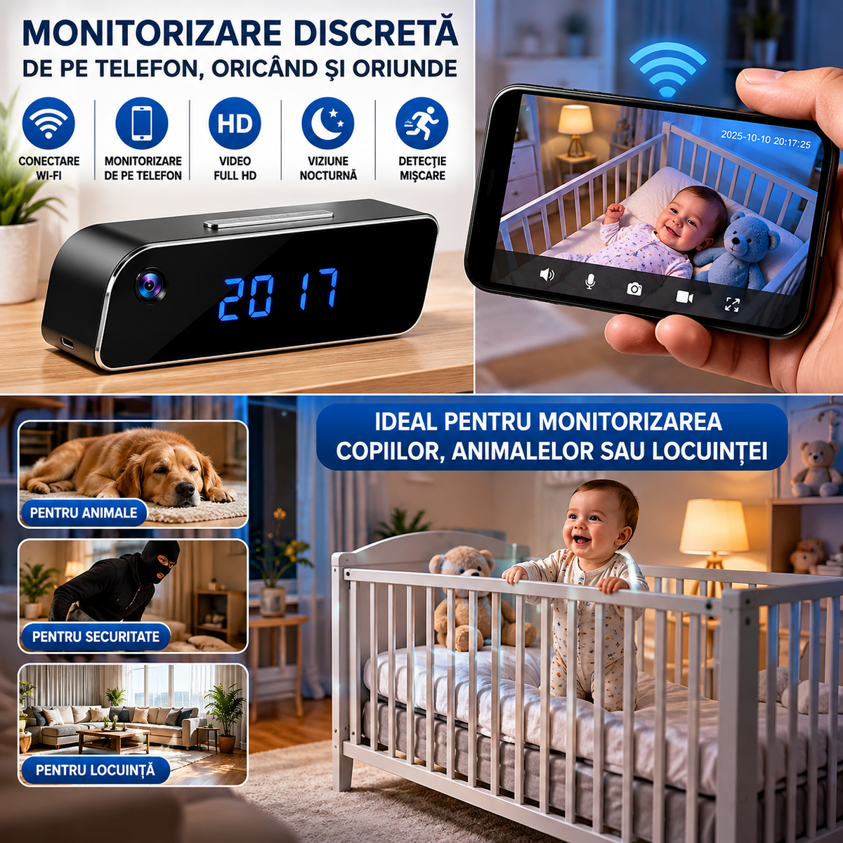 Ceas Digital cu Cameră de Supraveghere WiFi, Full HD 1080P, Viziune Nocturnă, Detecție Mișcare, Microfon, Negru