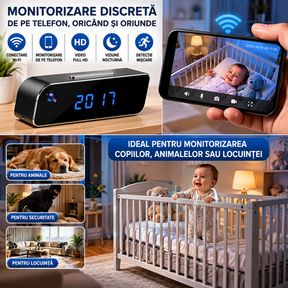 Ceas Digital cu Cameră de Supraveghere WiFi, Full HD 1080P, Viziune Nocturnă, Detecție Mișcare, Microfon, Negru