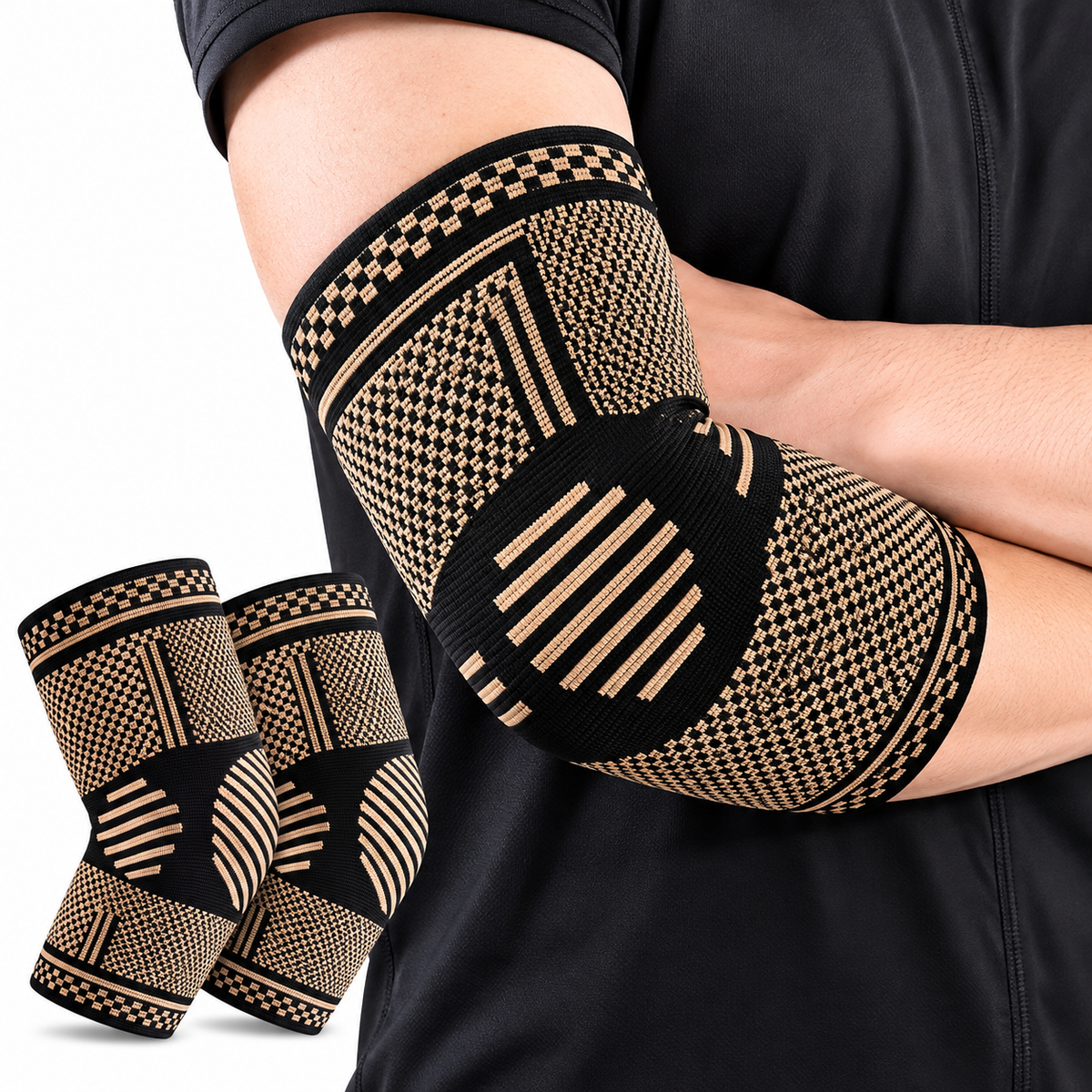 Set 2 Cotiere Compresive cu Inserție de Cupru, Suport Elastic pentru Cot, Sport și Activități Zilnice, Negru