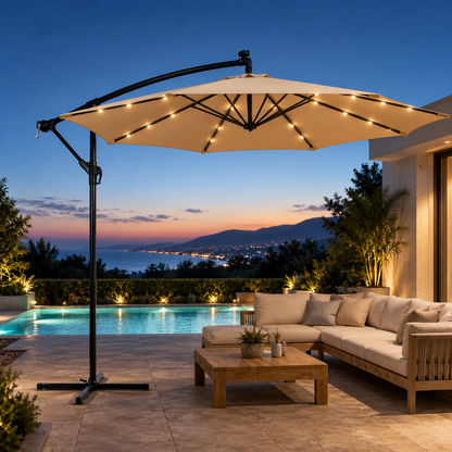 Umbrela Solara de Gradina 305 cm, 24 LED, Inclinare Reglabila, Bej