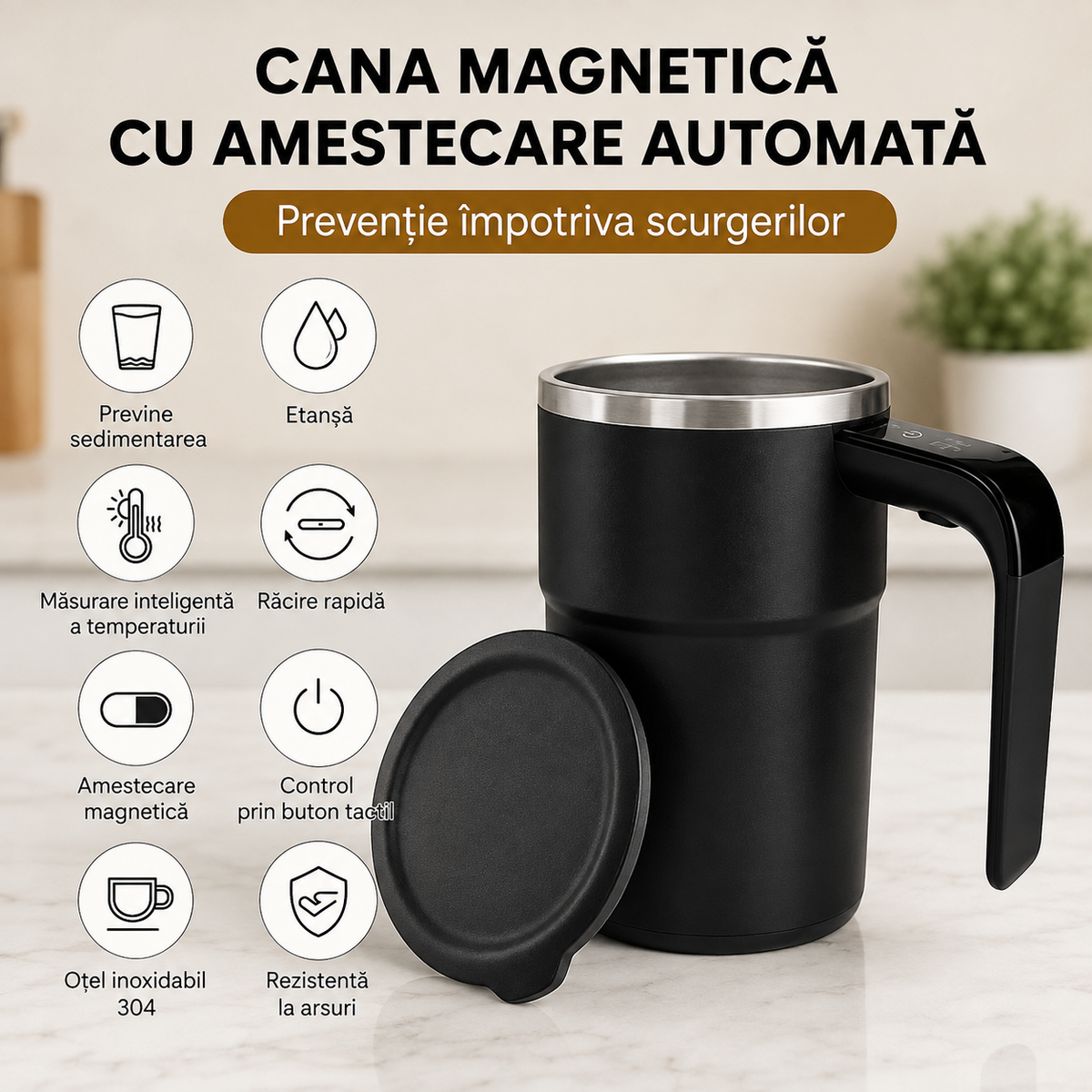 Cană Automată cu Amestecare Magnetică, Inox, Afișaj Temperatură, USB Type-C