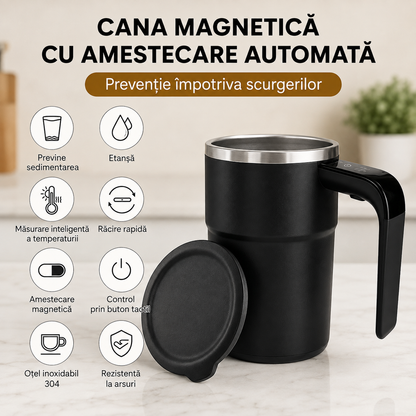Cană Automată cu Amestecare Magnetică, Inox, Afișaj Temperatură, USB Type-C