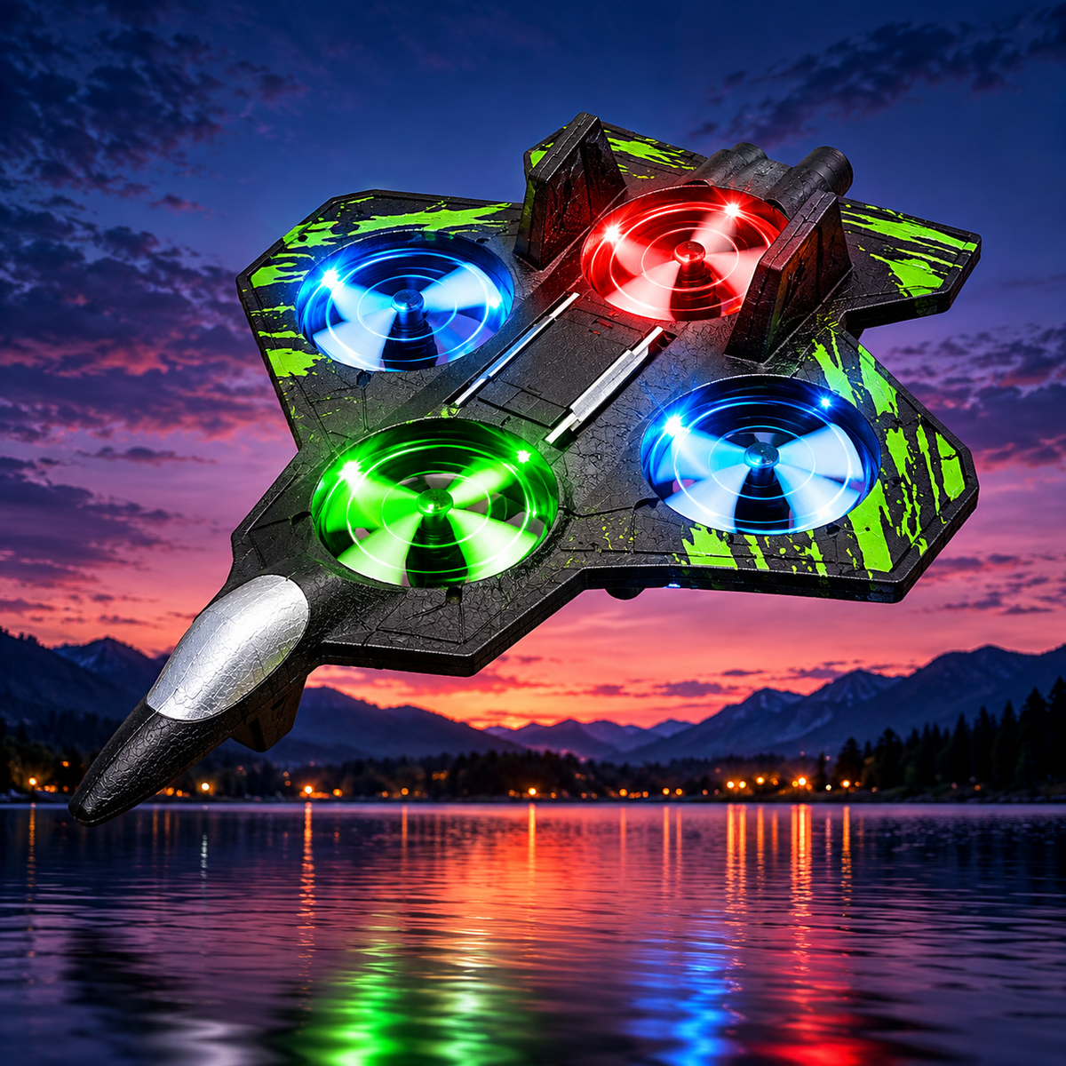 Avion cu Telecomandă RC, Acrobații 360°, Lumini LED Multicolore, Spumă Ușoară, Negru-Verde