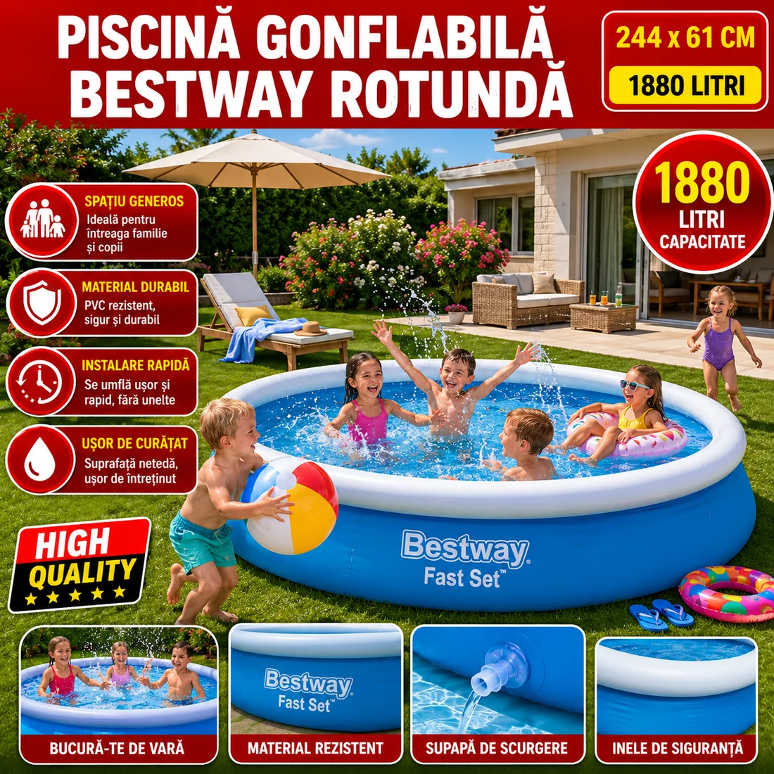 Piscină Gonflabilă Bestway Fast Set 244 x 61 cm, 1880 L, Montaj Rapid