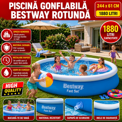 Piscină Gonflabilă Bestway Fast Set 244 x 61 cm, 1880 L, Montaj Rapid
