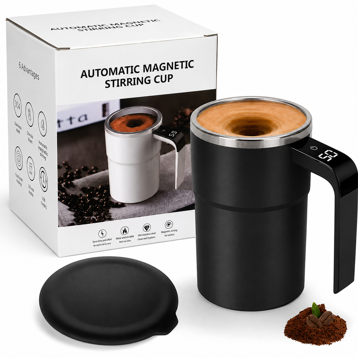 Cană Automată cu Amestecare Magnetică, Inox, Afișaj Temperatură, USB Type-C