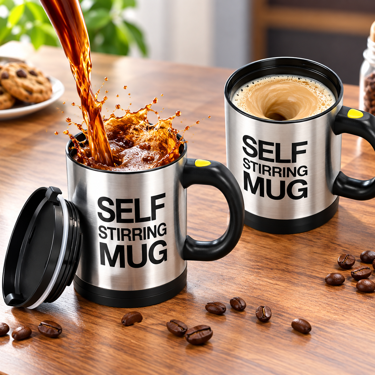 Set 2 Căni cu Amestecare Automată Self Stirring Mug, Inox, Capac, Buton Pornire