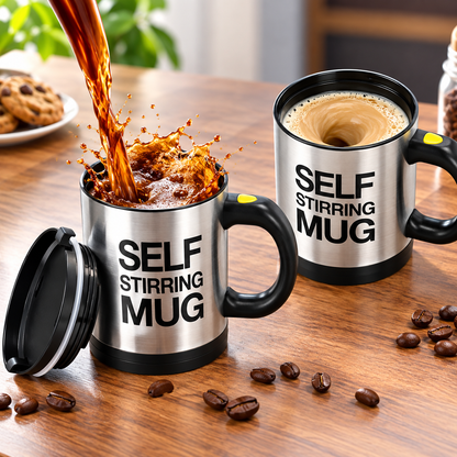 Set 2 Căni cu Amestecare Automată Self Stirring Mug, Inox, Capac, Buton Pornire