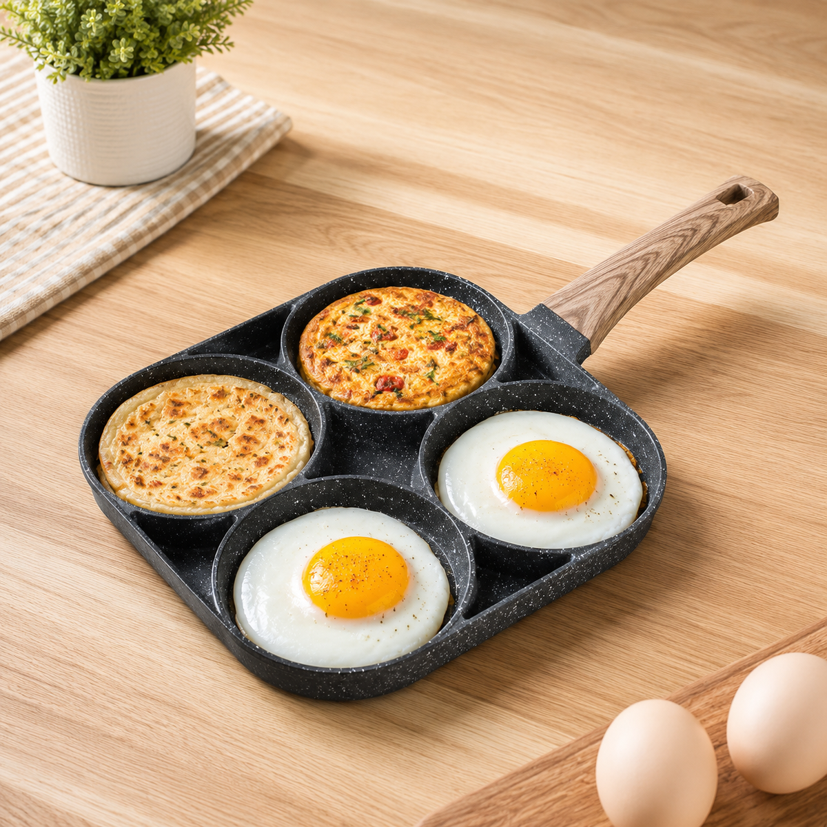 Tigaie Antiaderentă cu 4 Compartimente pentru Ouă, Clătite și Burgeri, Mâner Ergonomic