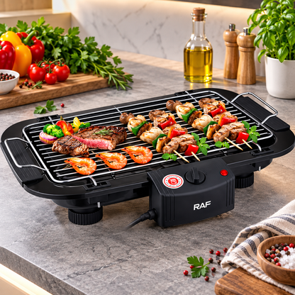 Grătar Electric RAF 2000W, 5 Trepte de Temperatură, Grilaj Inox, Termostat Reglabil, Negru
