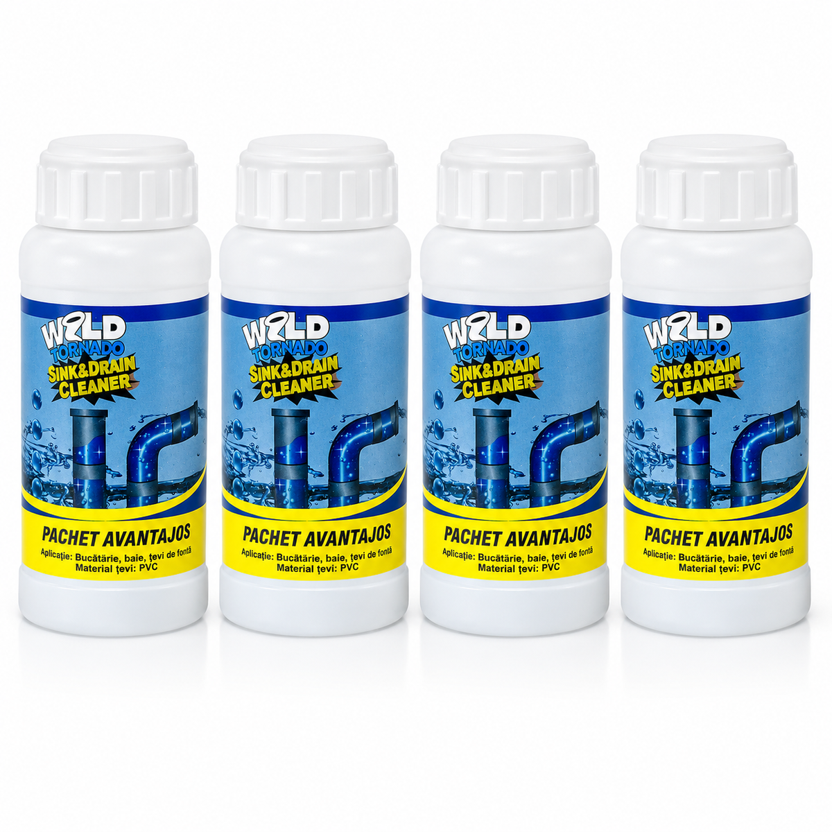 Set 4 Bucati Solutie Desfundat Tevi Wild Tornado Sink & Drain Cleaner, 110g, Actiune Rapida pentru Chiuveta, WC, Dus si Canalizare, Curatare Puternica, Elimina Mirosurile Neplacute PromotiiZilnice