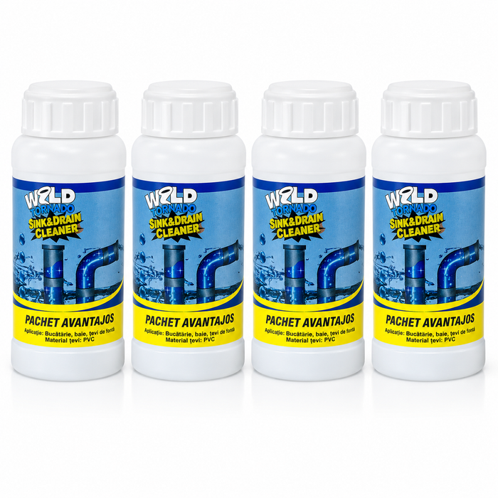 Set 4 Bucati Solutie Desfundat Tevi Wild Tornado Sink & Drain Cleaner, 110g, Actiune Rapida pentru Chiuveta, WC, Dus si Canalizare, Curatare Puternica, Elimina Mirosurile Neplacute
