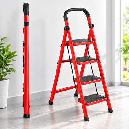 Scară Metalică Pliabilă cu 4 Trepte Antiderapante, Mâner Ergonomic, Roșu-Negru