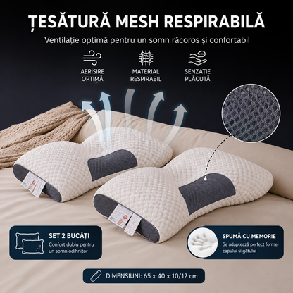 Set 2 Perne Anatomice din Spumă cu Memorie, Reglabile pe Înălțime, Suport Cervical, Husă Respirabilă, 65 x 40 cm