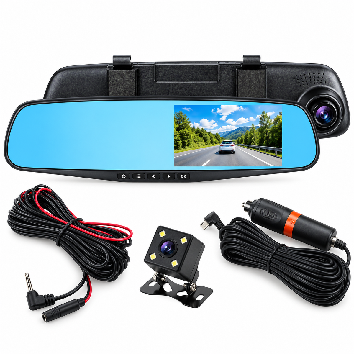 Oglindă Auto DVR cu Cameră Față + Spate, Full HD 1080P, Ecran 4,3”, Unghi Larg, Cameră Marșarier