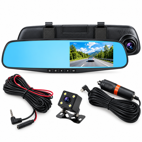 Oglindă Auto DVR cu Cameră Față + Spate, Full HD 1080P, Ecran 4,3”, Unghi Larg, Cameră Marșarier