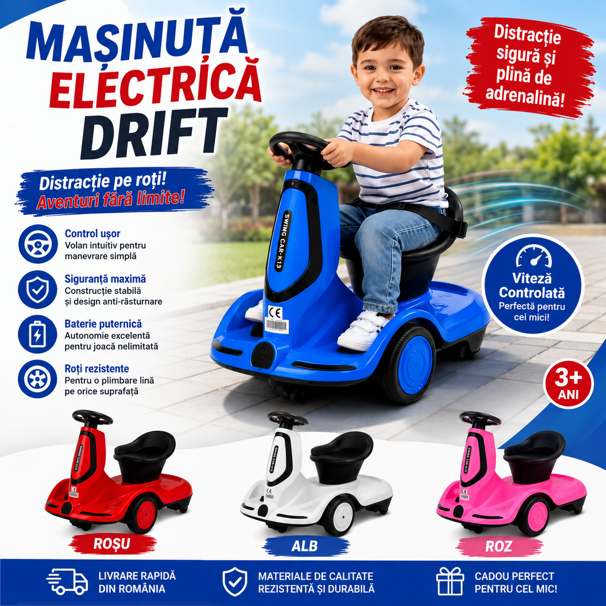 Mașinuță Electrică Drift pentru Copii cu Pedală de Accelerație și Telecomandă, 4 Culori Disponibile, Lumini LED, Acumulator Reîncărcabil