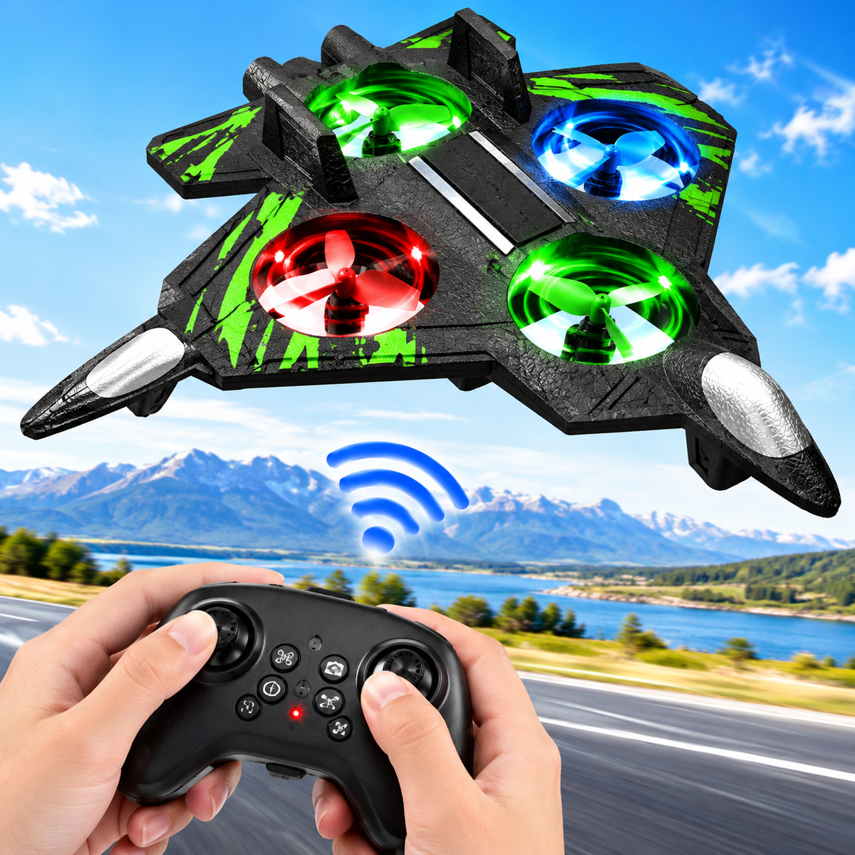 Avion cu Telecomandă RC, Acrobații 360°, Lumini LED Multicolore, Spumă Ușoară, Negru-Verde