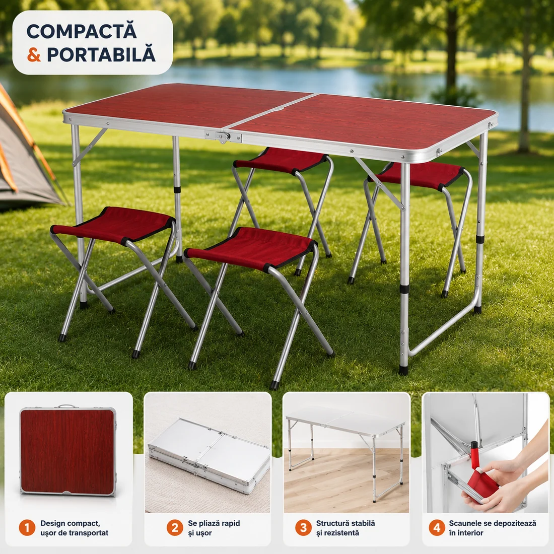 Set Camping Pliabil cu Masă și 4 Scaune, Cadru Aluminiu, Tip Geamantan
