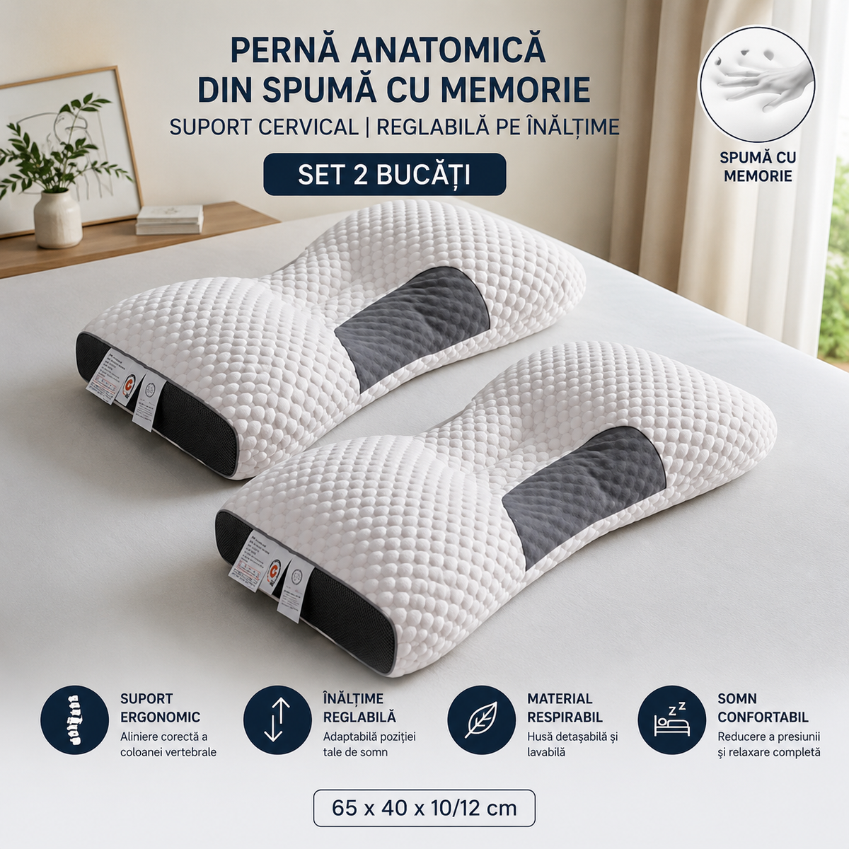 Set 2 Perne Anatomice din Spumă cu Memorie, Reglabile pe Înălțime, Suport Cervical, Husă Respirabilă, 65 x 40 cm