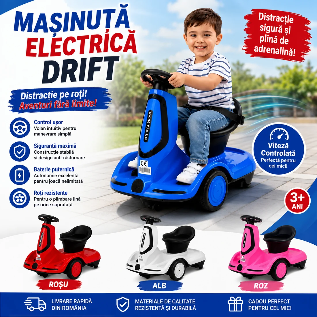 Mașinuță Electrică Drift pentru Copii, Pedală Accelerație, Telecomandă, Lumini LED și Acumulator Reîncărcabil