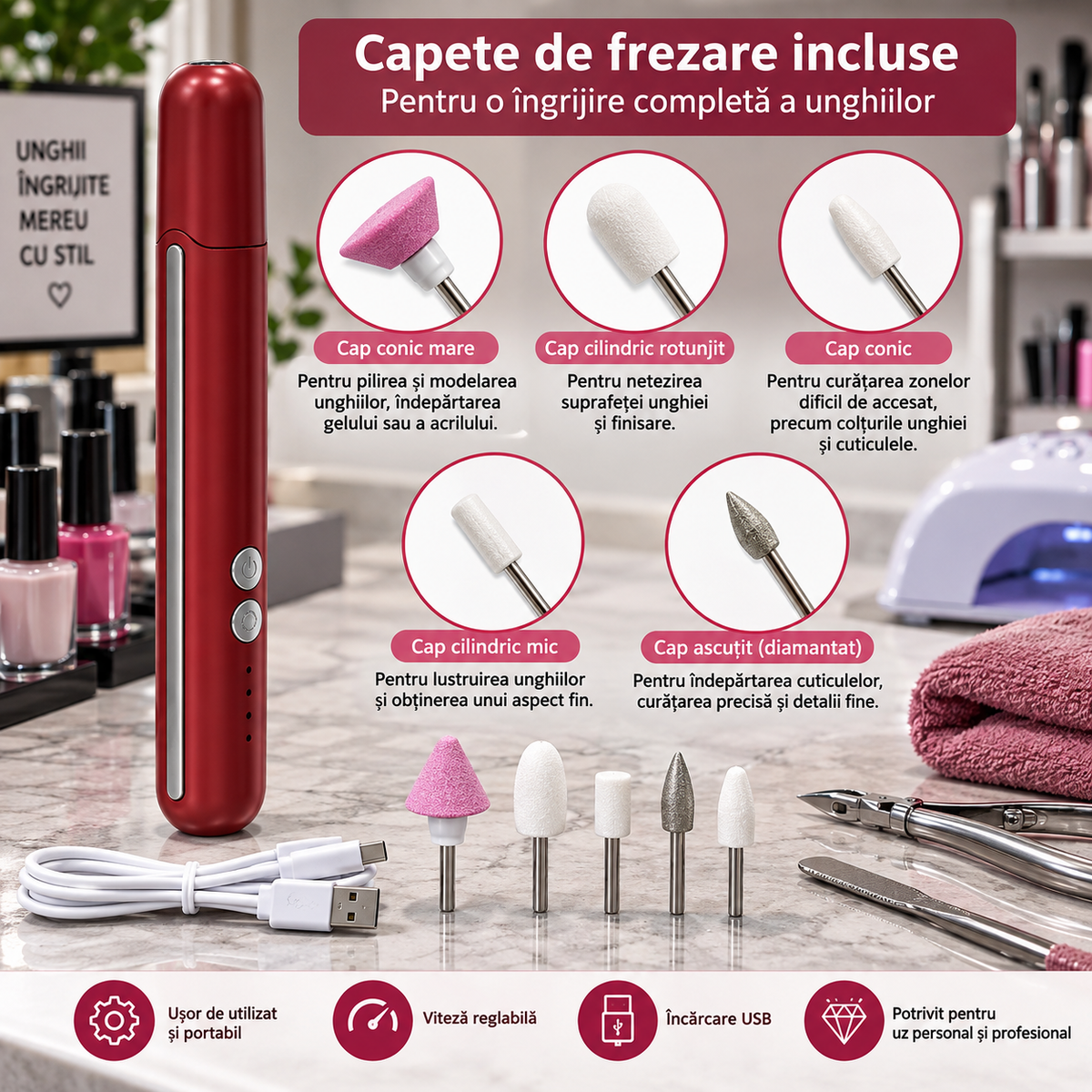 Freză Electrică pentru Manichiură și Pedichiură, Portabilă, USB, cu Capete de Frezare