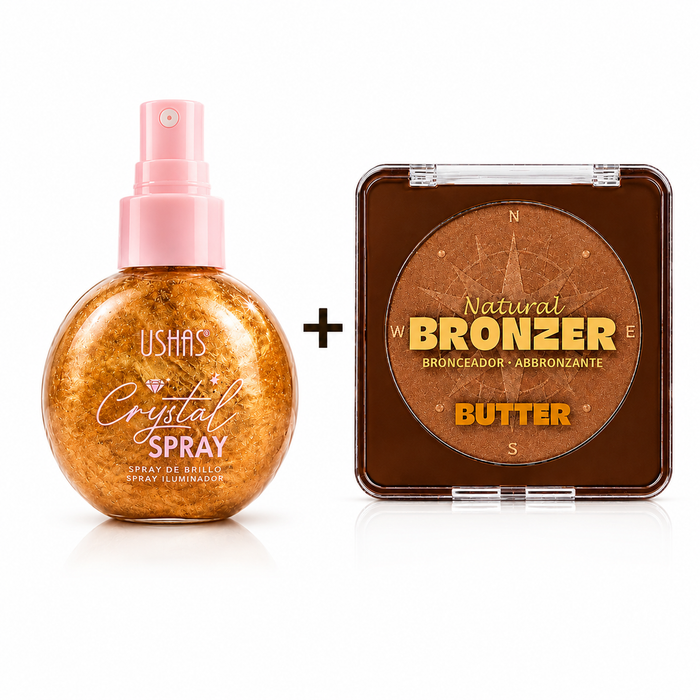 Pachet Glow Perfect USHAS – Spray Iluminator Față & Corp + Bronzer Butter