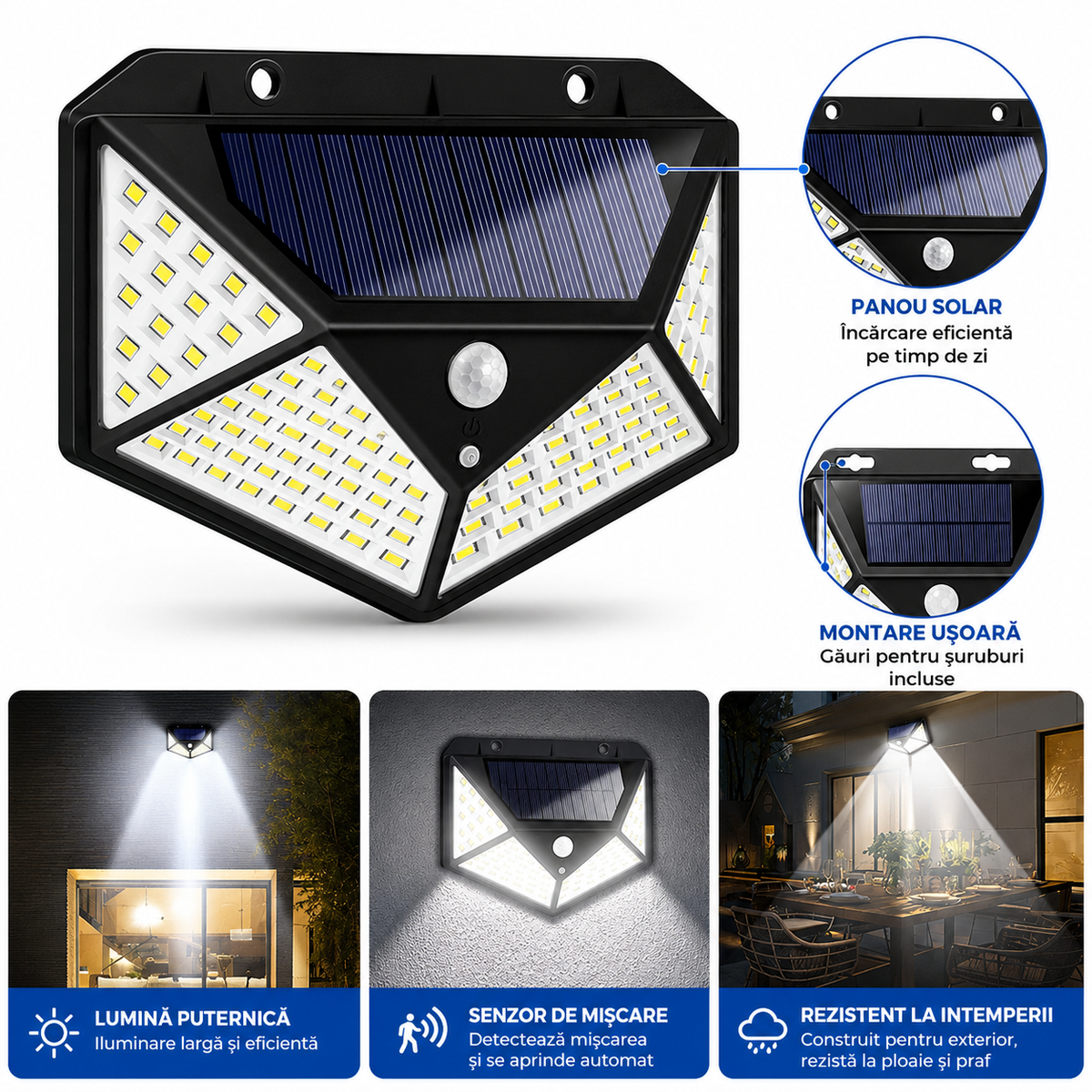 Set 10 Lampi Solare 100 LED cu Senzor de Miscare, 3 Moduri, Exterior