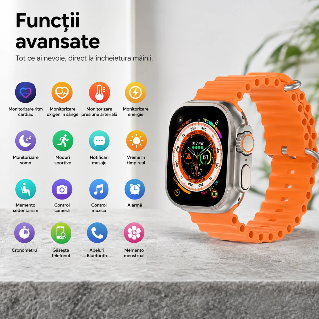 Ceas Smart Ultra cu 3 Curele, Apeluri Bluetooth, Monitorizare Activitate, Moduri Sport și IP65