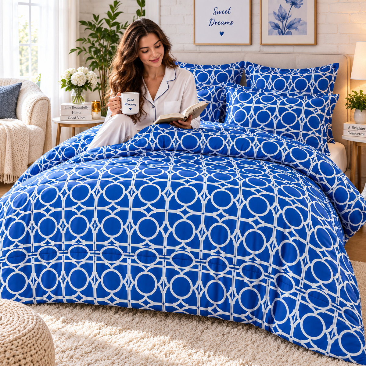 Lenjerie de Pat din Finet, 4 Piese, Albastru cu Model Geometric
