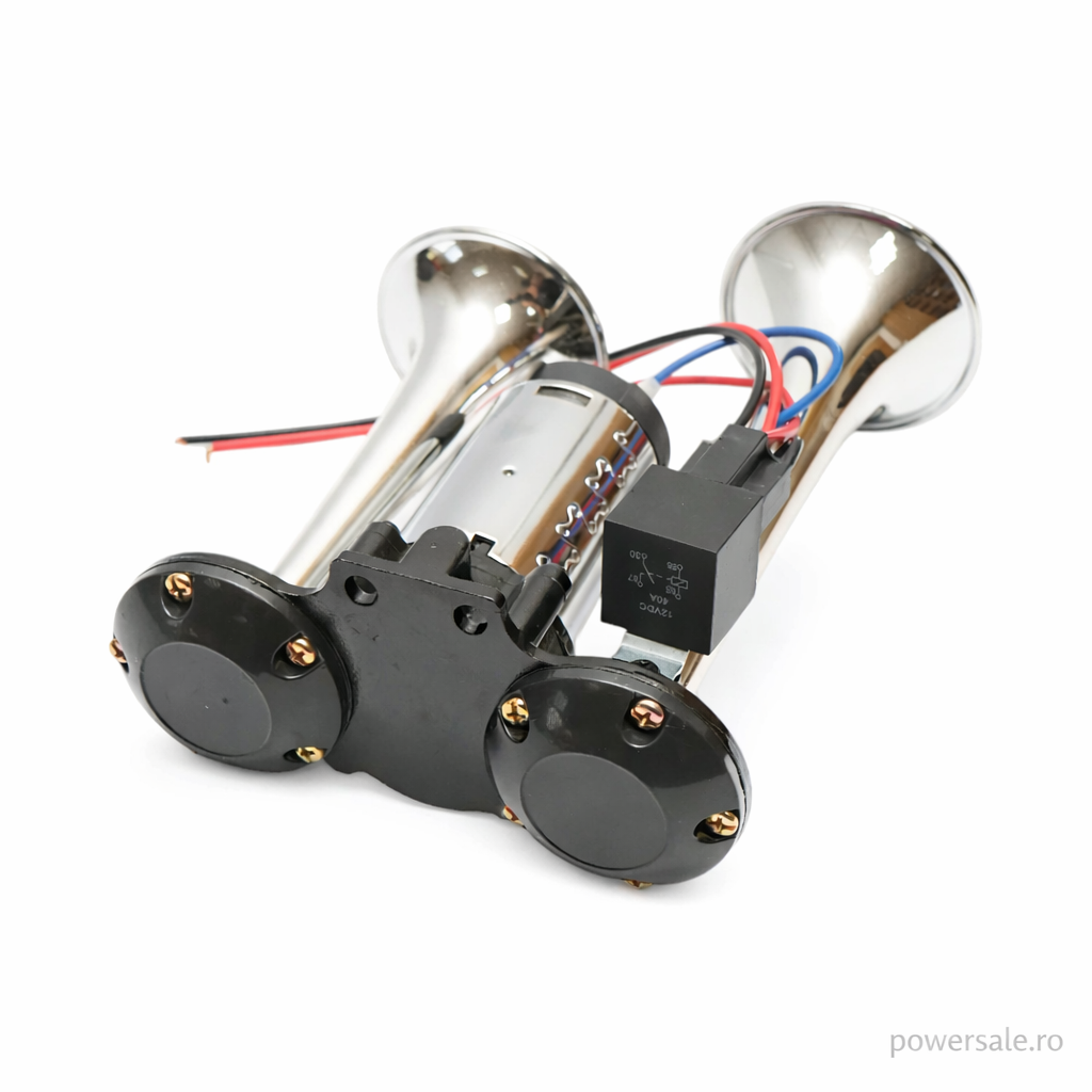 Claxon auto premium cromat cu doua goarne, compresor inclus, 12V