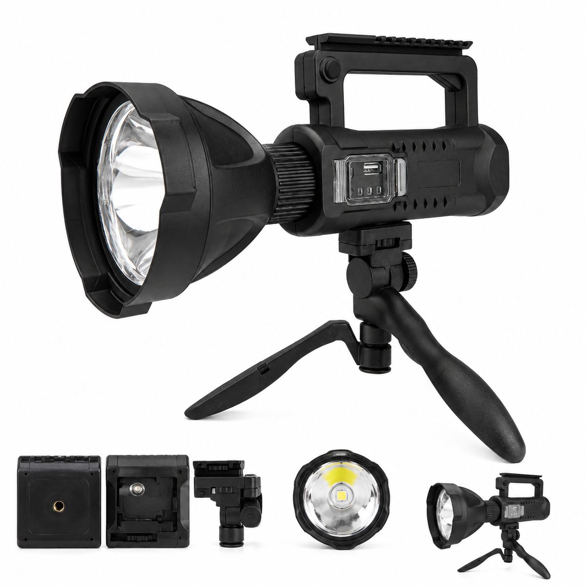 Lanterna LED Profesionala 4000 Lumeni cu Powerbank, Trepied Inclus, 4 Moduri Iluminare, USB, Raza Lunga + CADOU Lanterna Frontala cu Senzor Miscare - Boomsale.ro