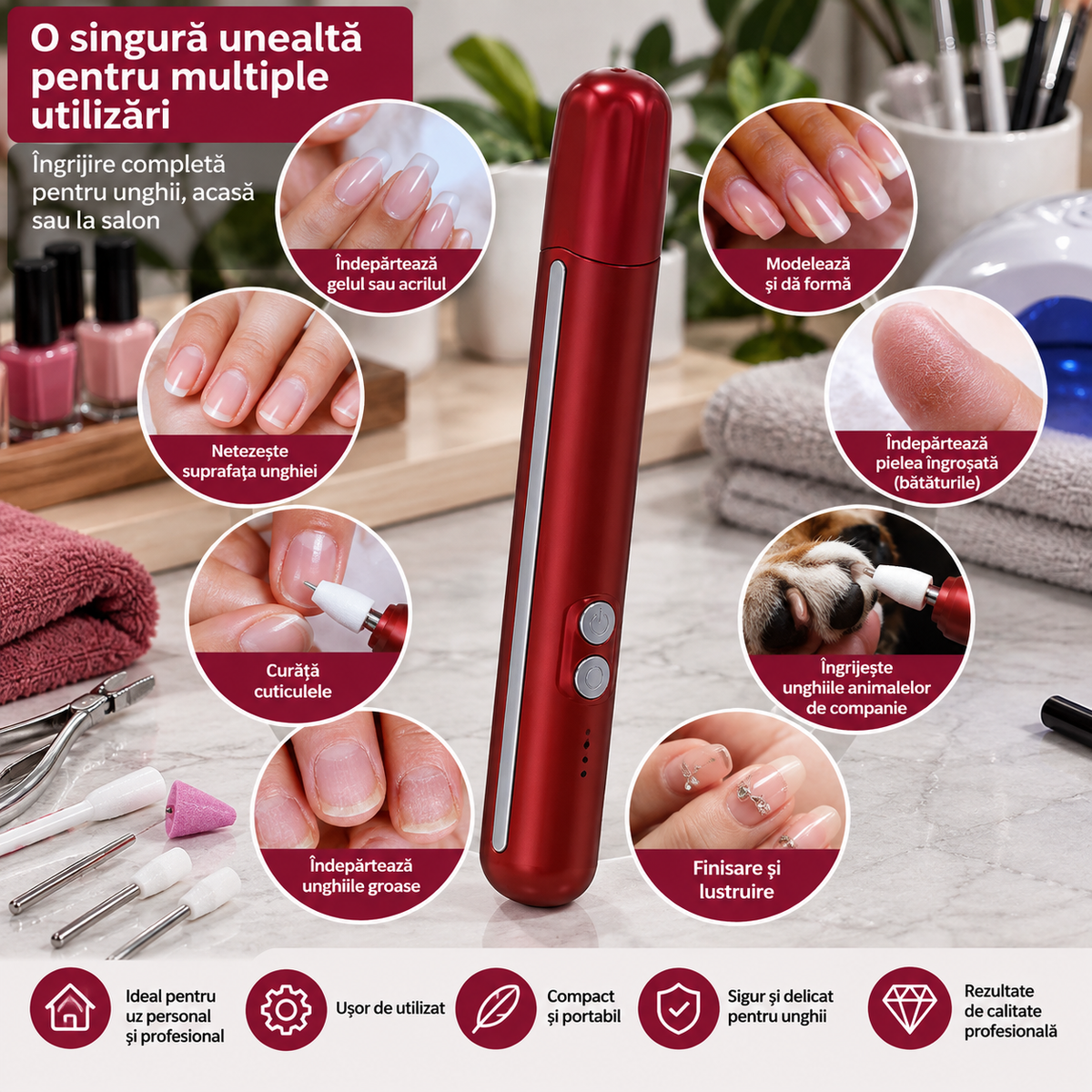 Freză Electrică pentru Manichiură și Pedichiură, Portabilă, USB, cu Capete de Frezare