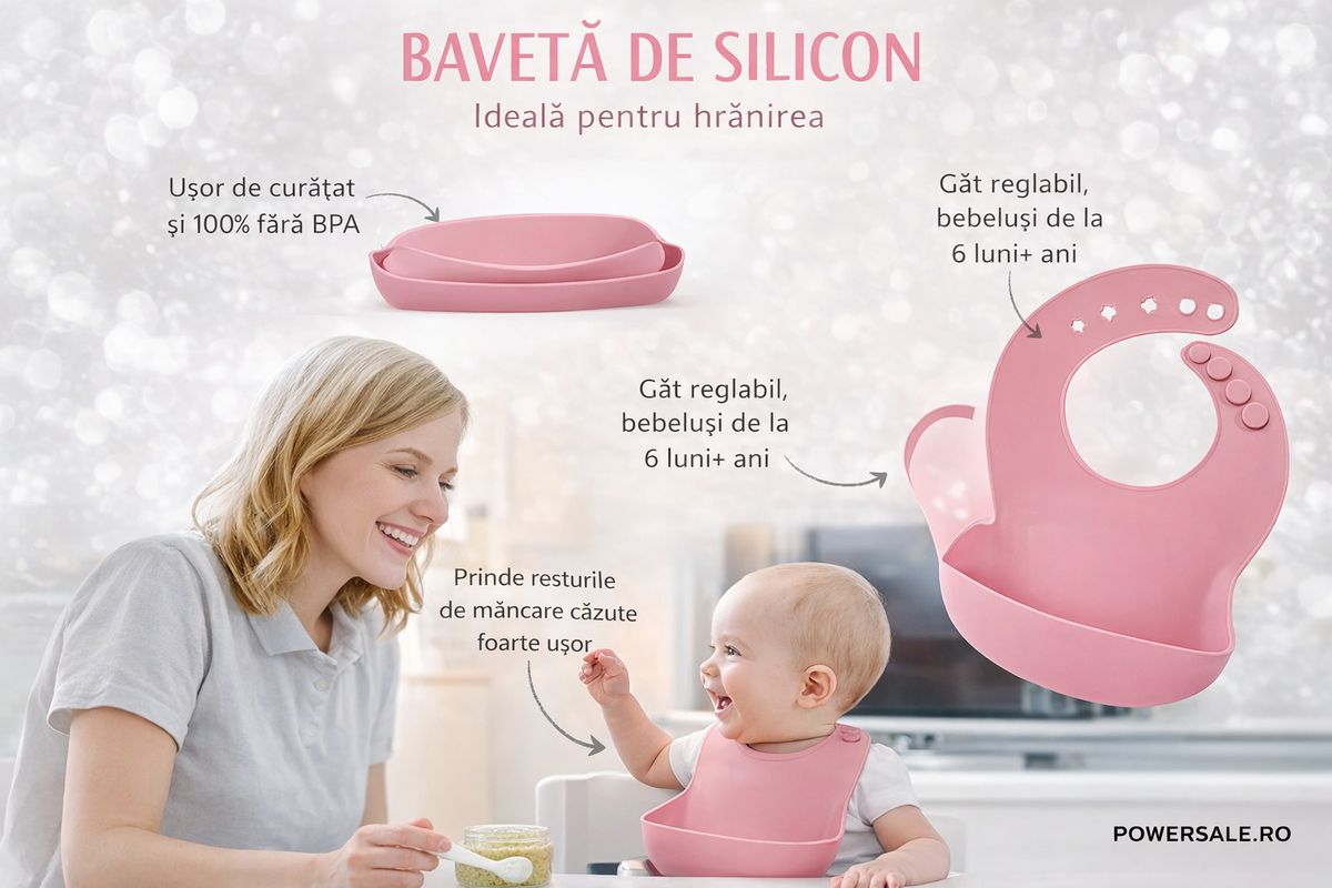 Set 10 piese hranire bebelusi din silicon alimentar – Set diversificare complet cu baveta reglabila