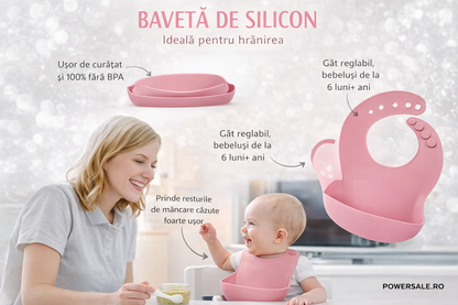 Set 10 piese hranire bebelusi din silicon alimentar – Set diversificare complet cu baveta reglabila