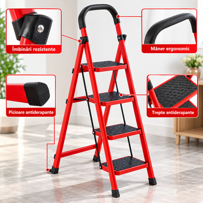 Scară Metalică Pliabilă cu 4 Trepte Antiderapante, Mâner Ergonomic, Roșu-Negru