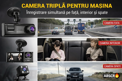 Camera auto DVR 3 canale, fata + interior + spate, Full HD 1080P, unghi larg 170°, ecran 2 inch, vedere nocturna, G-sensor, inregistrare in bucla