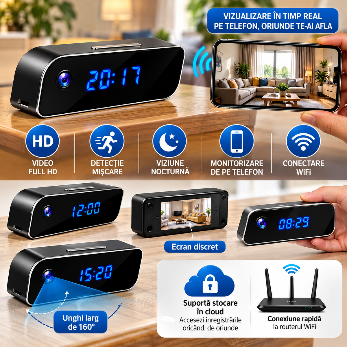 Ceas Digital cu Cameră de Supraveghere WiFi, Full HD 1080P, Viziune Nocturnă, Detecție Mișcare, Microfon, Negru