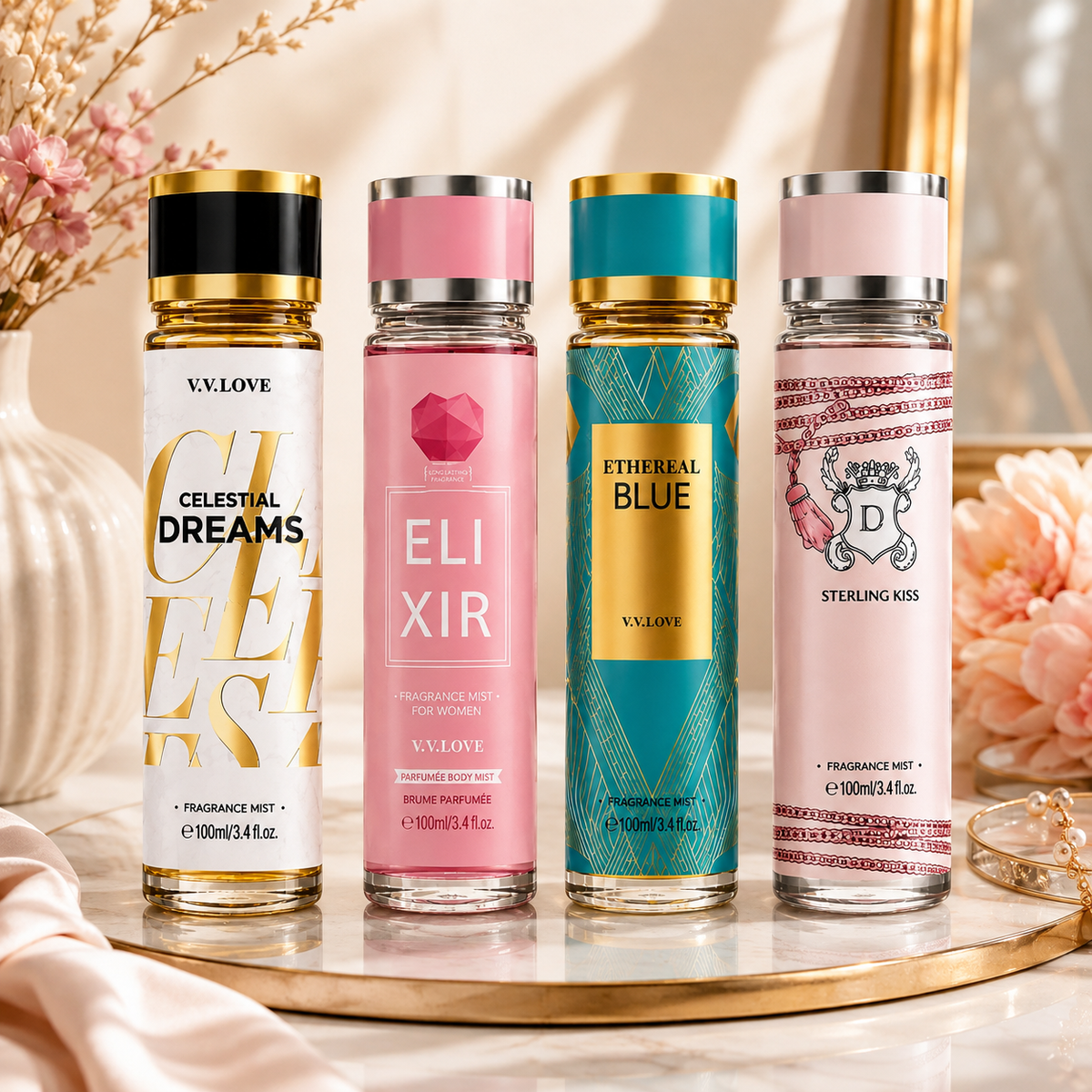 Set 4 Spray-uri de Corp V.V. LOVE pentru Femei, 4 x 100 ml, Arome Parfumate