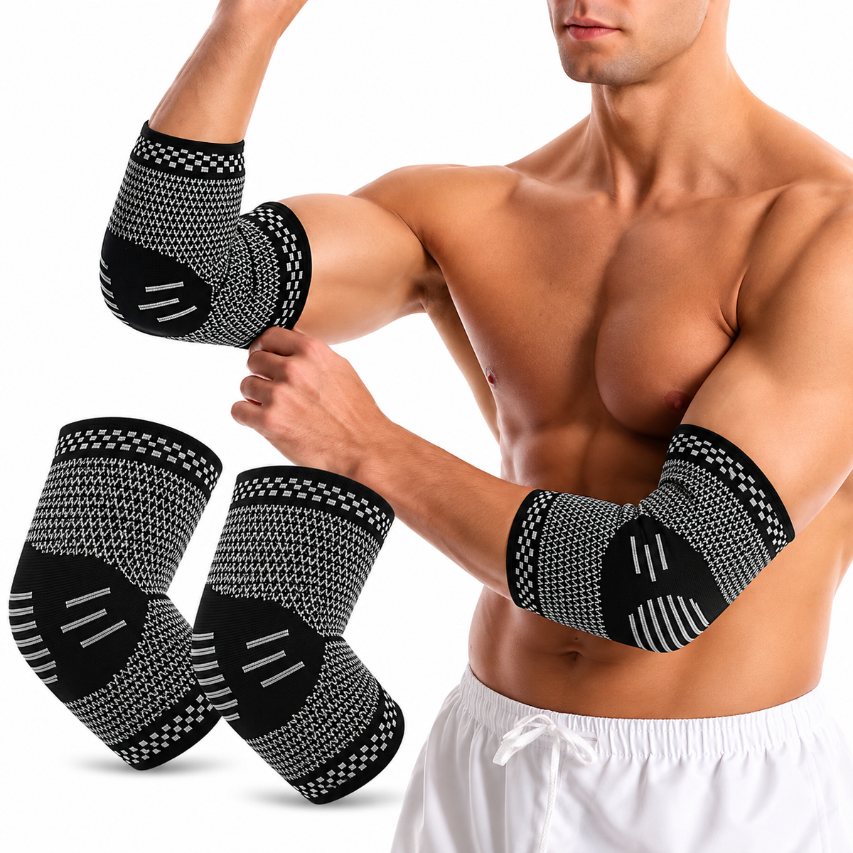 Set 2 Cotiere Compresive cu Inserție de Cupru, Suport Elastic pentru Cot, Sport și Activități Zilnice, Negru