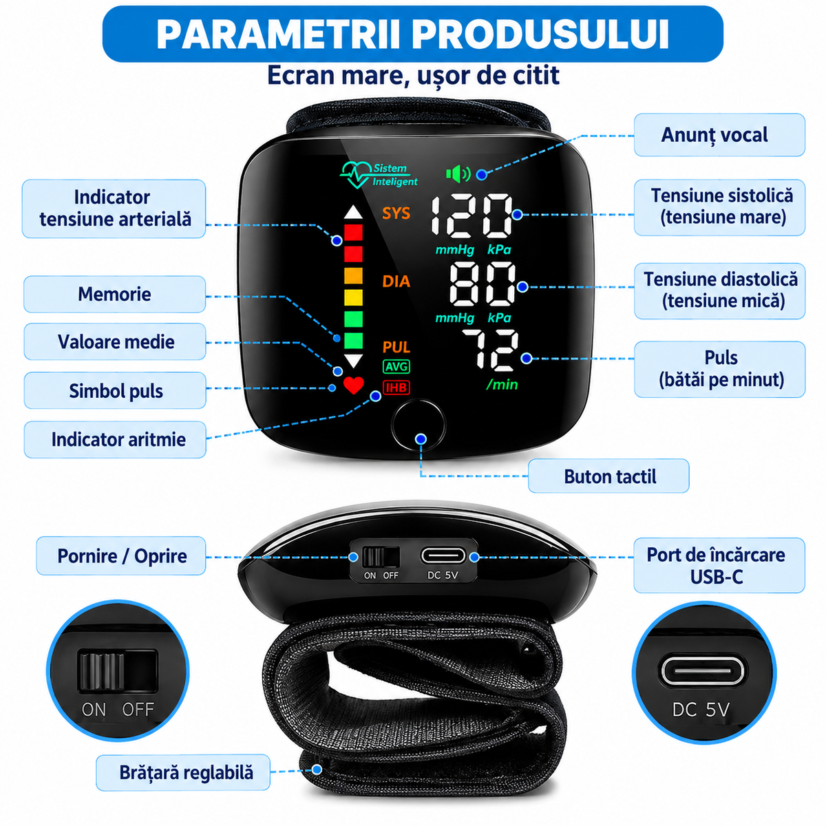 Tensiometru Digital de Încheietură, Ecran LED Mare, Măsurare Automată, Detectare Puls Neregulat, Memorie, Anunț Vocal, USB-C, Negru