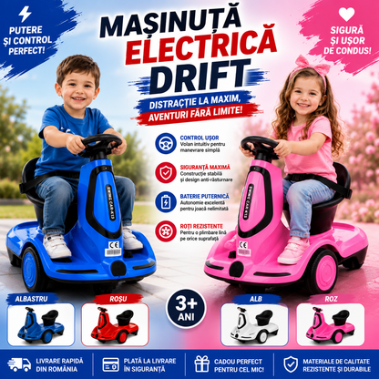Mașinuță Electrică Drift pentru Copii cu Pedală de Accelerație și Telecomandă, 4 Culori Disponibile, Lumini LED, Acumulator Reîncărcabil
