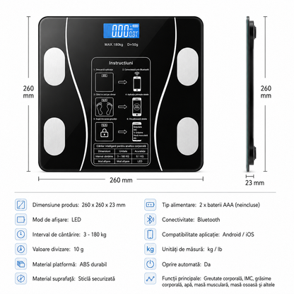 Cantar Smart Bluetooth 180 kg – Analiza Corporala, LED, Android/iOS