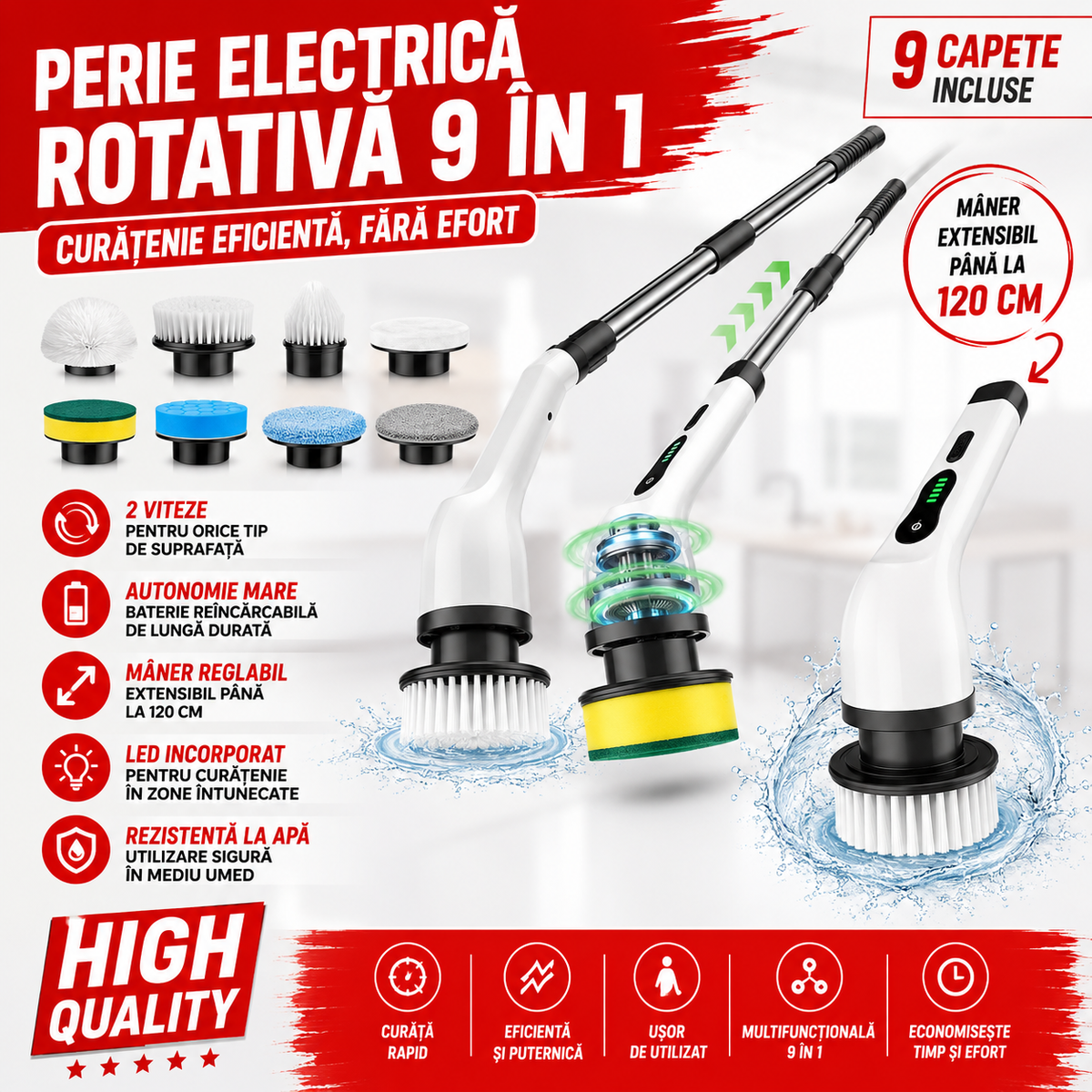 Perie Electrica Rotativa 9 in 1 cu 9 Capete, 2 Viteze, Maner Reglabil, Autonomie Mare, LED
