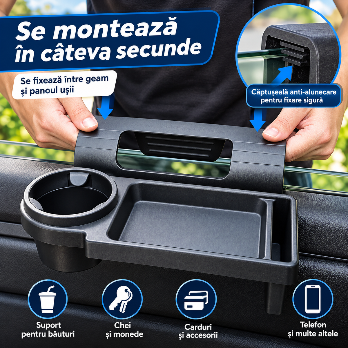 Suport Auto Multifuncțional 3 în 1 – Organizator cu Suport Pahar, Telefon și Spațiu pentru Obiecte
