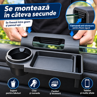 Suport Auto Multifuncțional 3 în 1 – Organizator cu Suport Pahar, Telefon și Spațiu pentru Obiecte