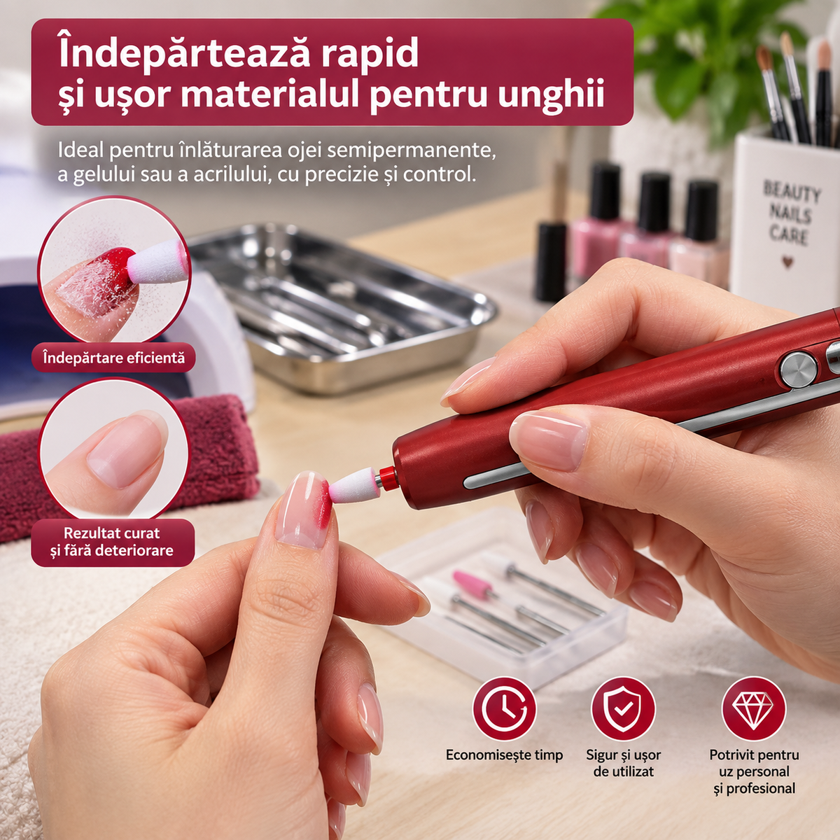 Freză Electrică pentru Manichiură și Pedichiură, Portabilă, USB, cu Capete de Frezare