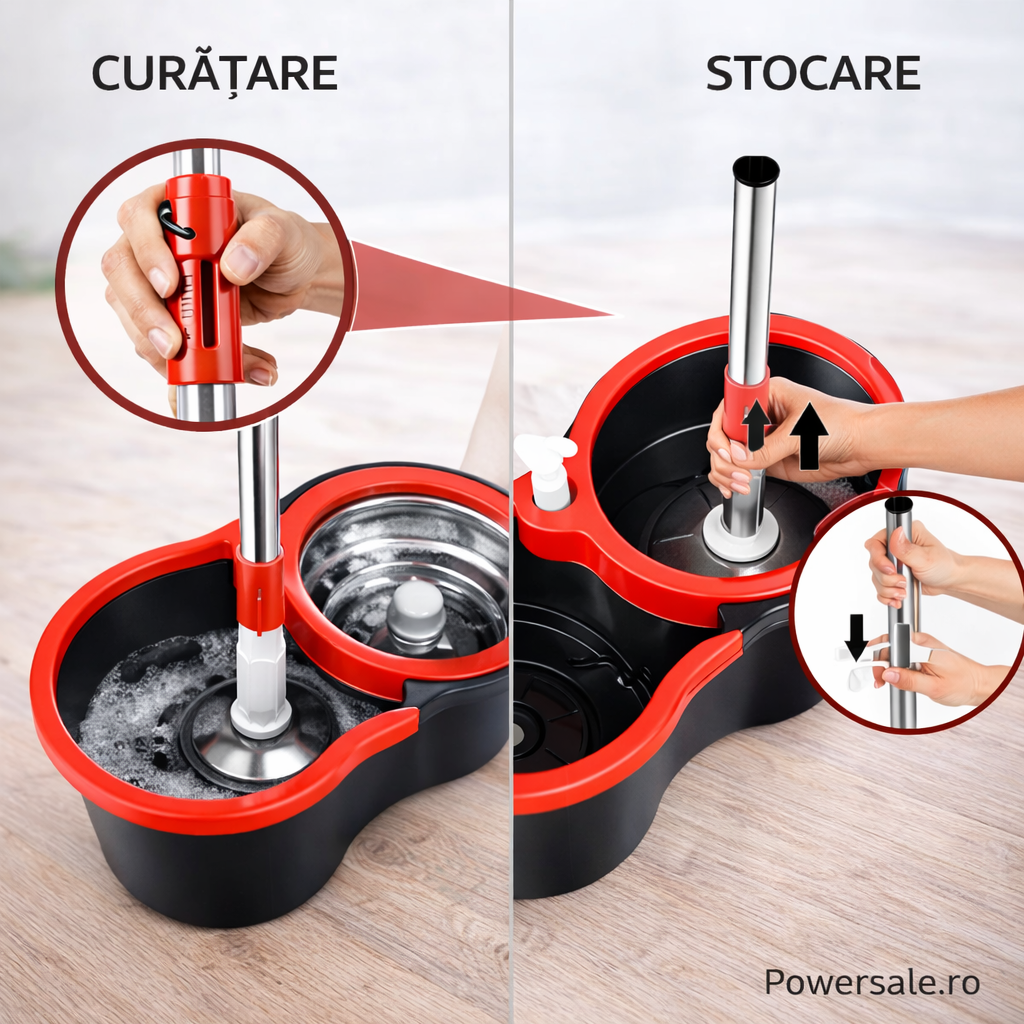 Set Mop Rotativ 360° cu Galeata Dubla, Maner Inox si 5 Rezerve Microfibra